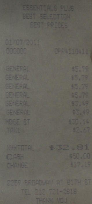 Hairbands receipt; Essentials, 2259 Broadway at 81st Street, Manhattan, +1 212 721 2818